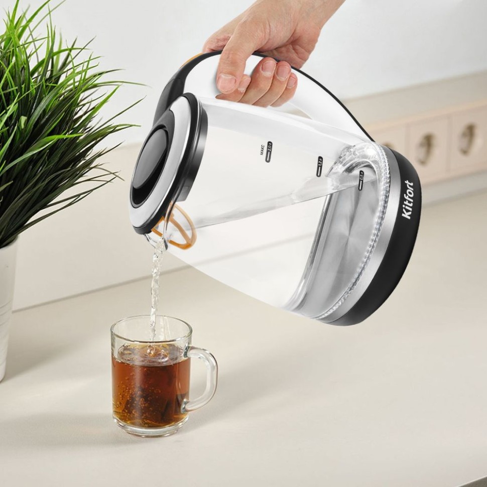 Чайник электрический Kitfort КТ-6199 2л. 2200Вт черный/белый корпус: стекло/металл/пластик  