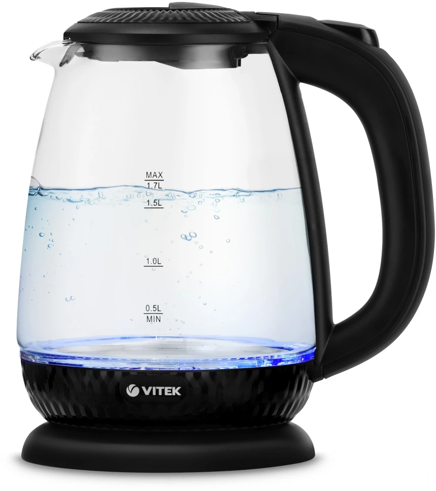 Чайник электрический Vitek VT-7074 1.7л. 2200Вт прозрачный/черный корпус: стекло/пластик  