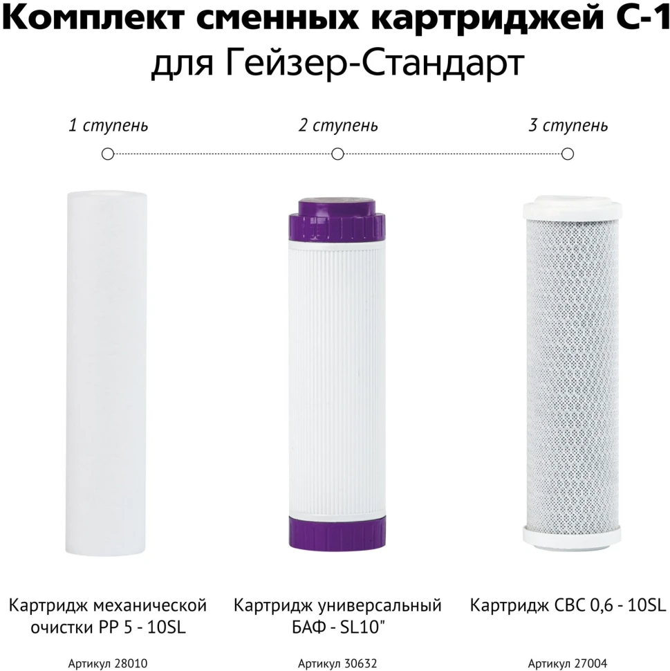 Комплект картриджей Гейзер С-1 для проточных фильтров ресурс:7000л (упак.:3шт)
