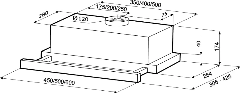 Вытяжка встраиваемая Krona Kamilla 450 нержавеющая сталь управление: кулисные переключатели (1 мотор)  