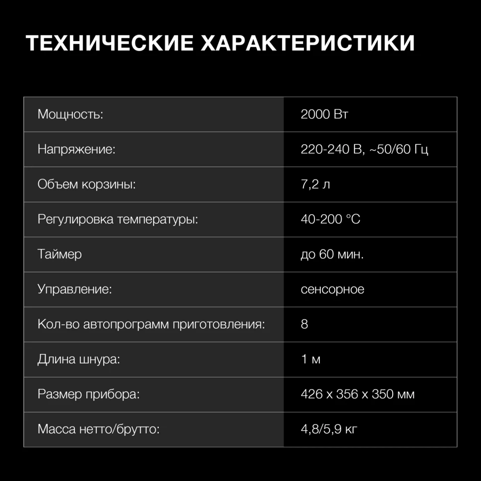 Аэрогриль Hyundai HYF-5459 7.2л 2000Вт белый/черный  