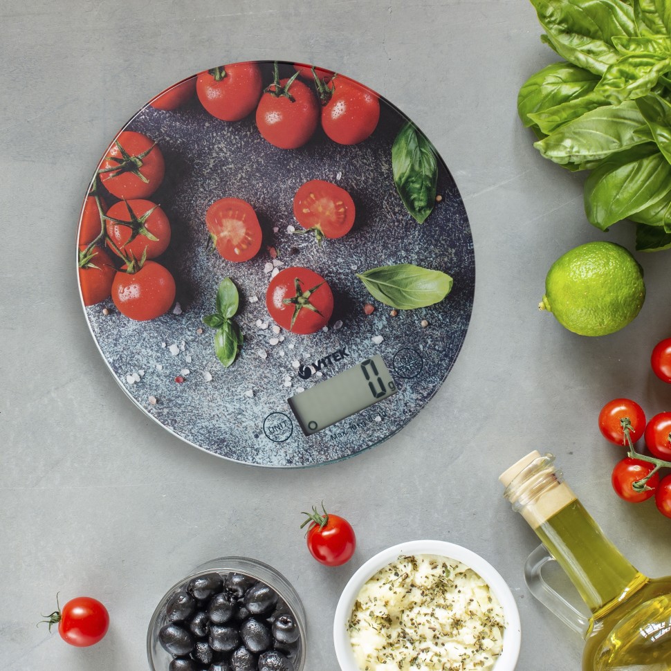 Весы кухонные электронные Vitek VT-8036 макс.вес:10кг серый/помидоры  