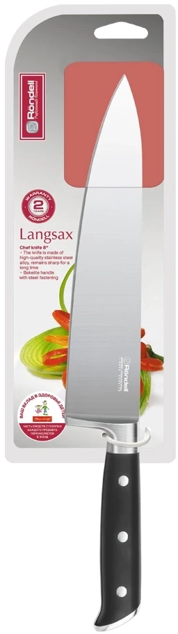 Нож кухонный Rondell Langsax RD-318 стальной поварской лезв.200мм прямая заточка черный блистер  