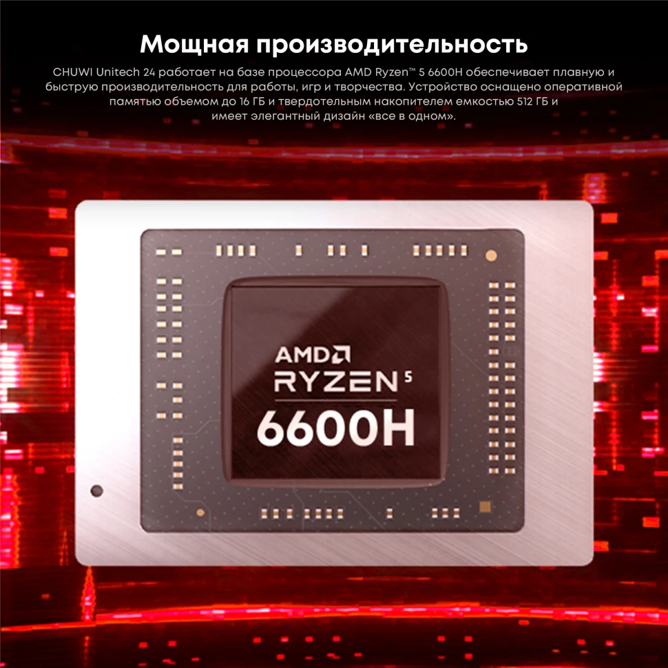 Моноблок Chuwi Unitech 24 23.8" Full HD Ryzen 5 6600H (3.3) 16Gb SSD512Gb 660M Windows 11 Pro GbitEth WiFi BT 48W клавиатура мышь Cam белый 1920x1080  