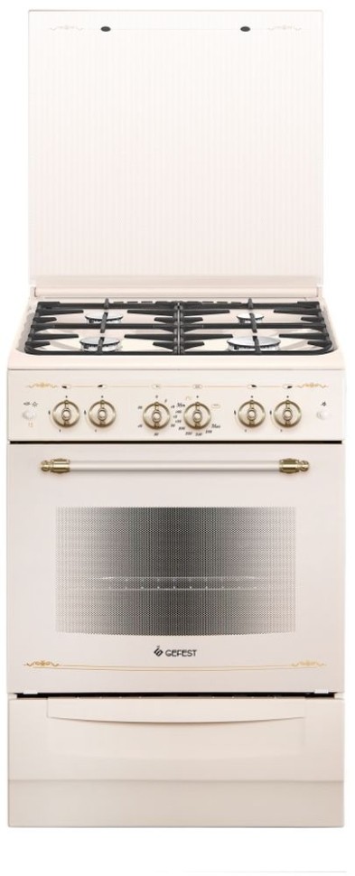 Плита Газовая Gefest ПГ 6100-02 0182 кремовый/рисунок "ретро" (стеклянная крышка) реш.чугун