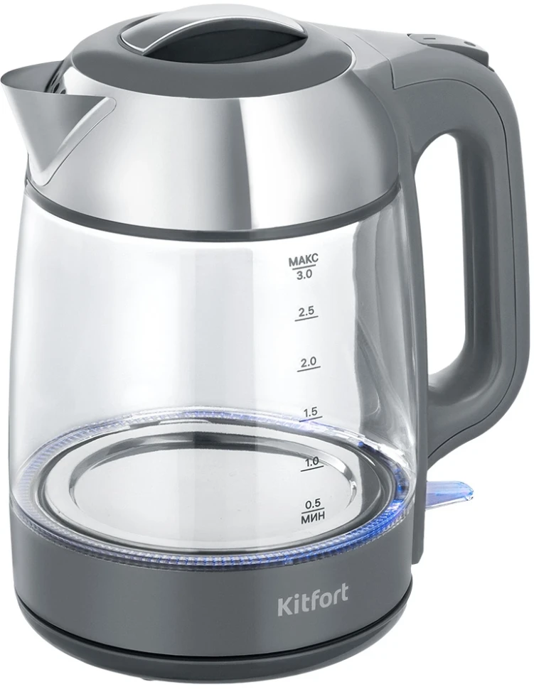 Чайник электрический Kitfort КТ-6762 3л. 2000Вт серый/серебристый корпус: стекло/металл/пластик  