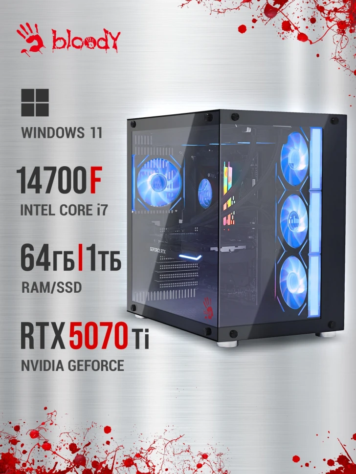 ПК Bloody BD-PC CZ79C3 MT i7 14700KF (3.4) 64Gb SSD1Tb RTX5070Ti 16Gb Windows 11 Home 64 2.5xGbitEth WiFi BT 850W черный (RUS) (2129080)  