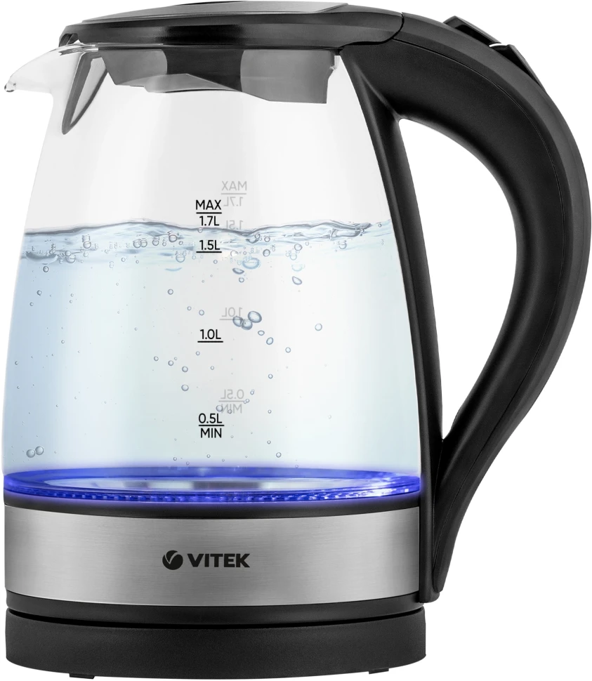 Чайник электрический Vitek VT-7008 1.7л. 2200Вт прозрачный/черный корпус: стекло/пластик  