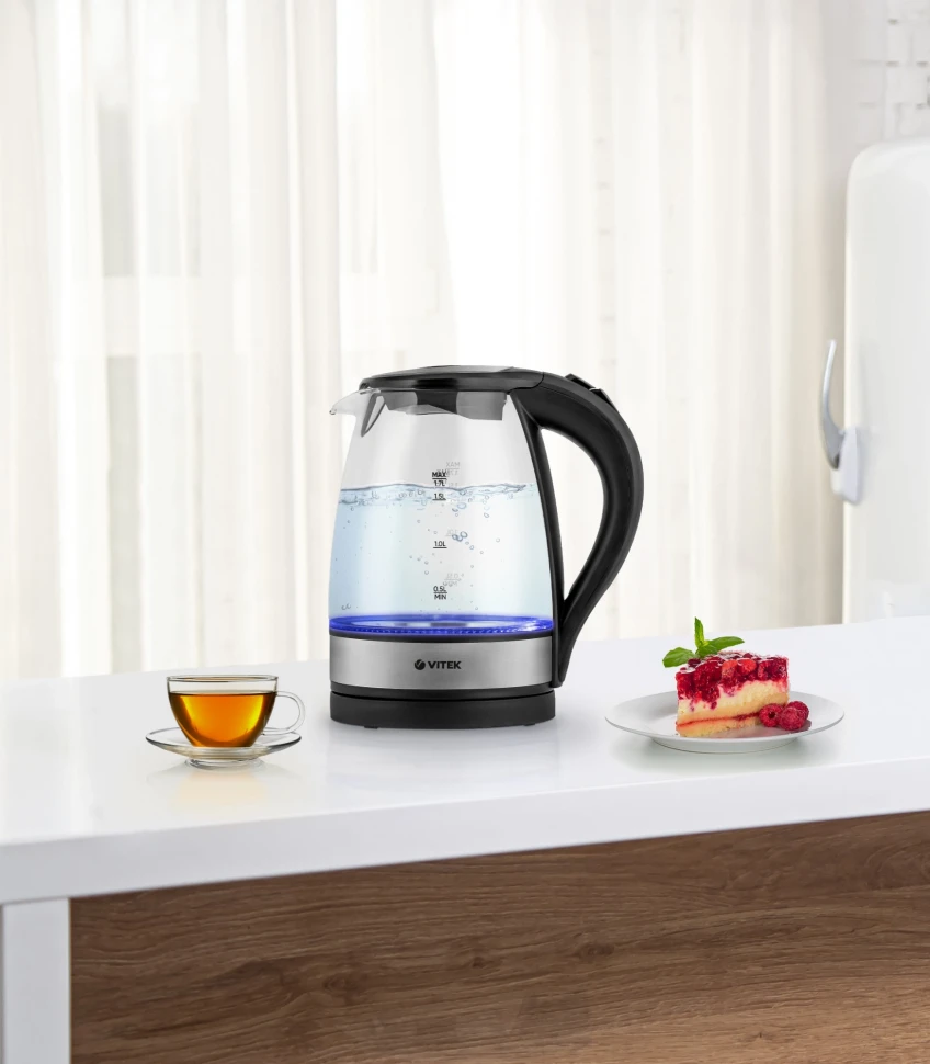 Чайник электрический Vitek VT-7008 1.7л. 2200Вт прозрачный/черный корпус: стекло/пластик  