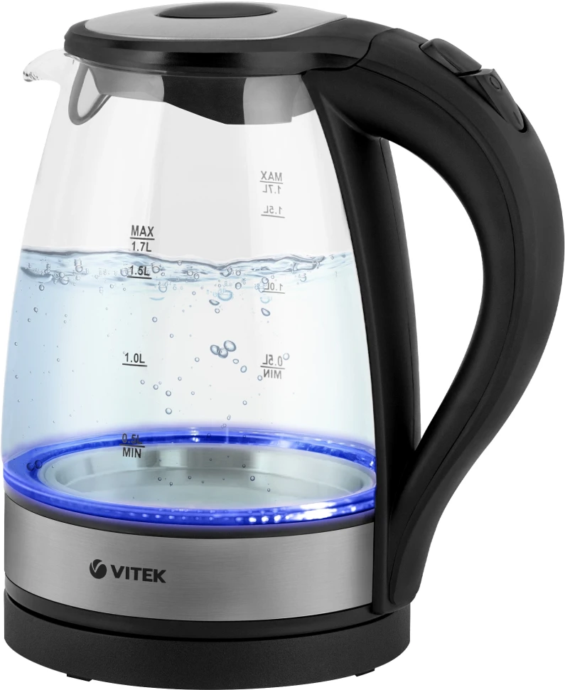 Чайник электрический Vitek VT-7008 1.7л. 2200Вт прозрачный/черный корпус: стекло/пластик  