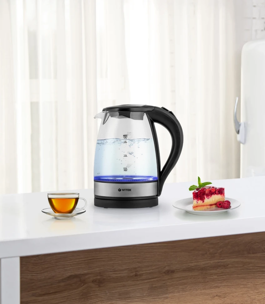Чайник электрический Vitek VT-7008 1.7л. 2200Вт прозрачный корпус: стекло/пластик  